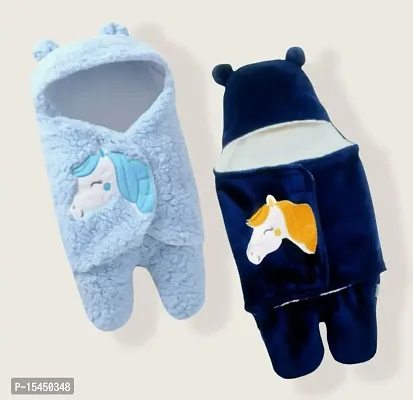 First Kick Baby Blankets New Born Combo Gift Pack of Wearable Flannel 0-6 Months Hooded Swaddle Wrapper Blanket, Sky Blue, Navy Blue, Skin Friendly-thumb0