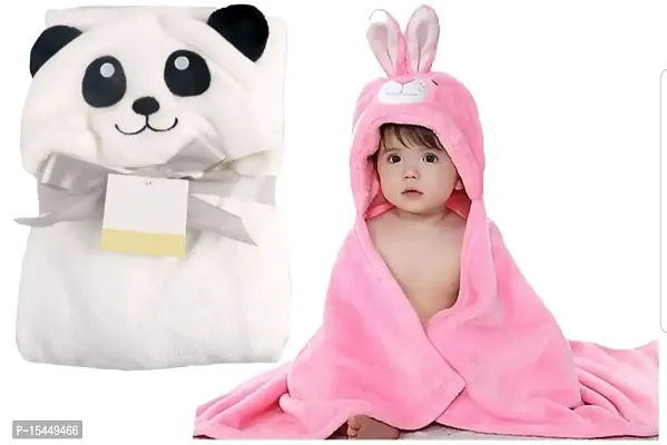 BRANDONN New Born Baby Blanket Combo Pack of Hooded Funny Cap Baby Wrapper Cum Baby Bath Towel Cum Baby Blankets (Pink Rabbit, White Panda) Pack of 2