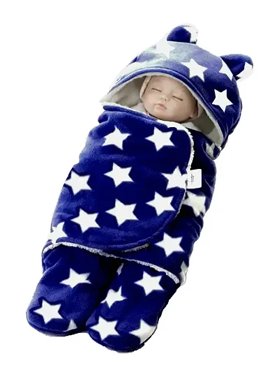 BRANDONN Baby Blankets New Born Pack of Hooded Star Printed Wrapper Cum Baby Sleeping Bag (76 cm x 70cm, 0-6 Months)