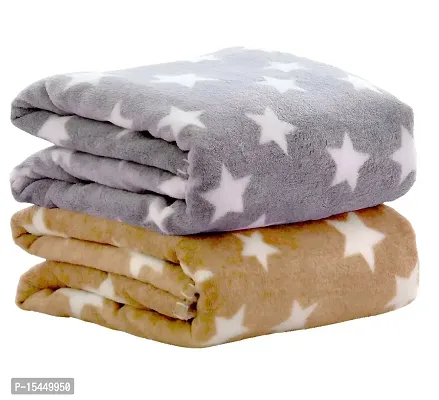BRANDONN Fleece New Born All Season Ultrasoft Single Baby Blanket for Babies (Beige/Grey, Pack of 2, reversible)