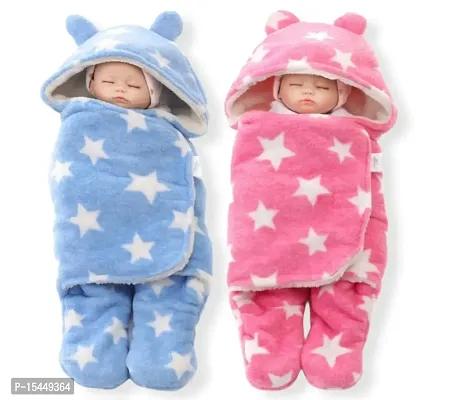 BRANDONN Baby Blankets New Born Combo Pack of Super Soft Baby Wrapper Baby Sleeping Bag for Baby Boys, Baby Girls, Babies (76cm x 70cm, 0-6 Months, Fleece, skin friendly, Stars blue, pink)-thumb0
