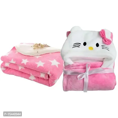 BRANDONN Supersoft Hooded and Printed Fleece Baby Blanket and Baby Bath Towel, Pink and White (Pack of 2)
