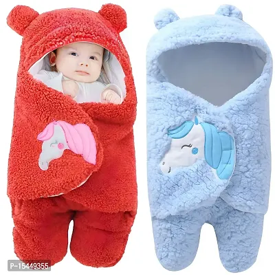 BRANDONN Baby Blankets New Born Combo of Hooded Wrapper Cum Baby Sleeping Bag,(3-6 Months) Red  Sky Blue, Pack of 2