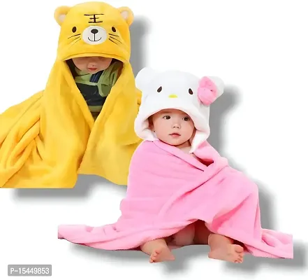 BRANDONN New Born Premium Hooded All Season Wrapper Cum Baby Bath Towel Cum Baby Blanket for Babies |Pack of 2 |Yellow Tiger, Pink White-thumb0
