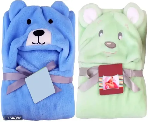 BRANDONN New Born Baby Blanket Combo Pack of Hooded Funny Cap Baby Wrapper Cum Baby Bath Towel Cum Baby Blankets (Blue Dog, Green Dog) Pack of 2