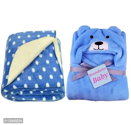 BRANDONN All Season Supersoft Hooded Blue Dog and Royal Dotted Printed Baby Blanket and Bath Towel - Pack of 2