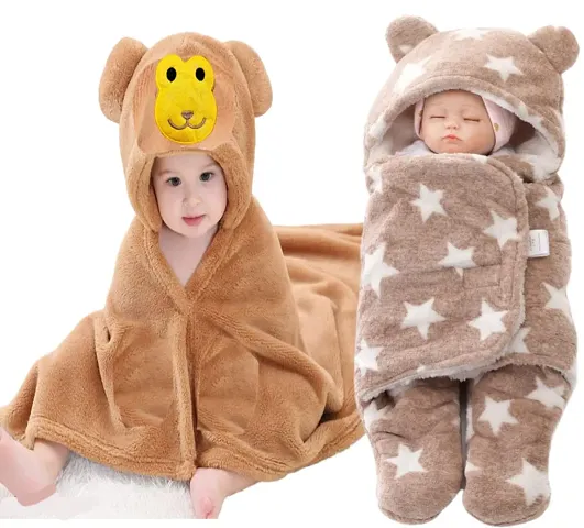 BRANDONN Baby Blankets New Born Combo Pack of Hooded Wrapper Sleeping Bag and Baby Bath Towel for 0-6 Months Baby Boys and Baby Girls Pack of 2