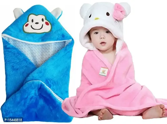 BRANDONN Newborn Combo of Furry Glacier Hooded Smily Baby Blanket and Premium Glacier Hooded Baby Wrapper(Pack of 2, Pink n White-Blue)