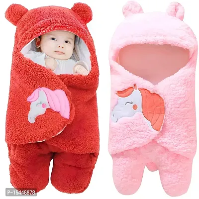 BRANDONN Baby Blankets New Born Combo of Hooded Wrapper Cum Baby Sleeping Bag,(3-6 Months), Pink  Red, Pack of 2-thumb0