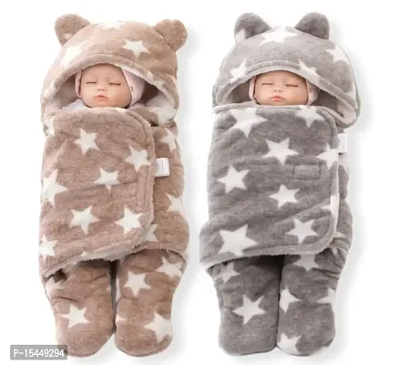 BRANDONN Baby Blankets New Born Combo Pack of Super Soft Baby Wrapper Baby Sleeping Bag for Baby Boys, Baby Girls, Babies (76cm x 70cm, 0-6 Months, skin friendly, Fleece, Stars grey, beige)-thumb0
