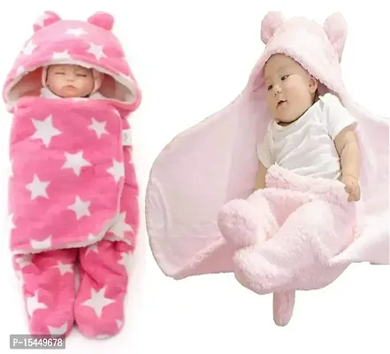 BRANDONN Newborn Baby Flannel Hooded Wearable Blanket Cum Baby Wrapper Combo of 2 (Pink Star)-thumb0