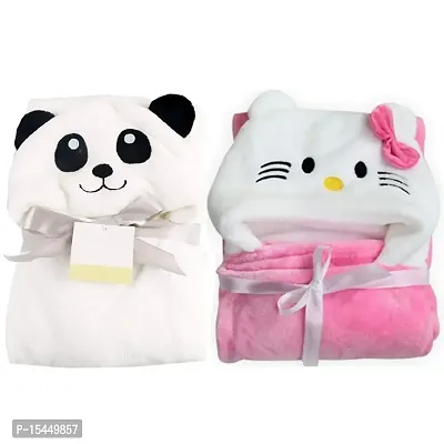 BRANDONN New Born Baby Blanket Combo Pack of Soft Hooded Funny Cap Baby Wrapper Cum Baby Bath Towel Cum Baby Blankets (White Panda, Pink Kitty) Pack of 2