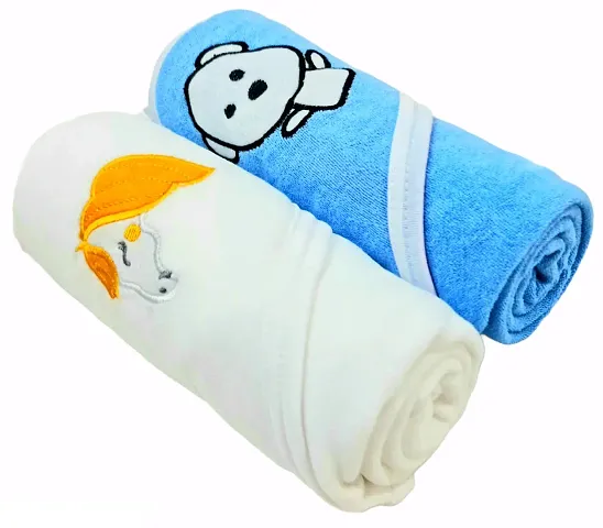 First Kick Baby Bath Towels New Born Combo Pack of Hooded Soft Wrapping Towel Pack of 2(70 cm x 66 cm) Pack of 2