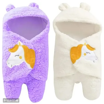 BRANDONN Newborn Baby's Hooded Blanket Cum Sleeping Bag Combo of 2, White, Purple