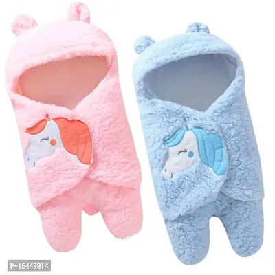 First Kick Combo Pack of Super Soft Micro Fleece Newborn Baby Blankets Wrapper Cum Sleeping Bag for Baby Boys, Baby Girls (76cm x 70cm, Multicolour , 0-6 Months) - Pack of 2 (Skin Friendly)-thumb0