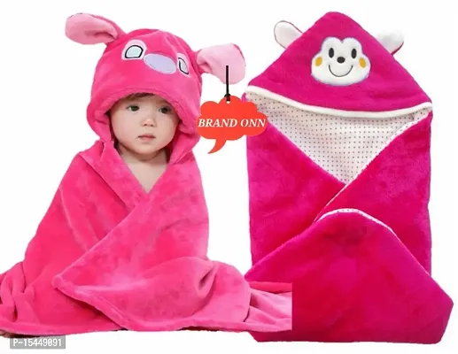 BRANDONN Newborn Combo of Furry Glacier Hooded Smily Baby Blanket and Premium Glacier Hooded Baby Wrapper(Pack of 2,HOTPINK)-thumb0