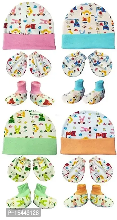 First Kick Newborn Baby's Cotton Mitten Set, Cap and Gloves Set - Multicolor - 0-6 Months - Pack of 4
