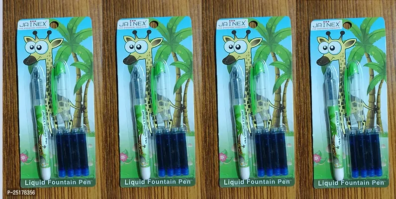 Fountain Pens With 13 Blue Ink Cartridges Mixed Character Picture Pens Chota Bheem Unicorn Giraffe Set Of 4