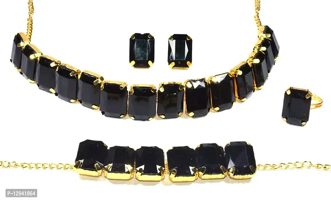 Frolics India Golden and Colored Stones Studded Combo of Choker Set with Earrings, Bracelet and Adjustable Ring for Women & Girls (Golden-Black)