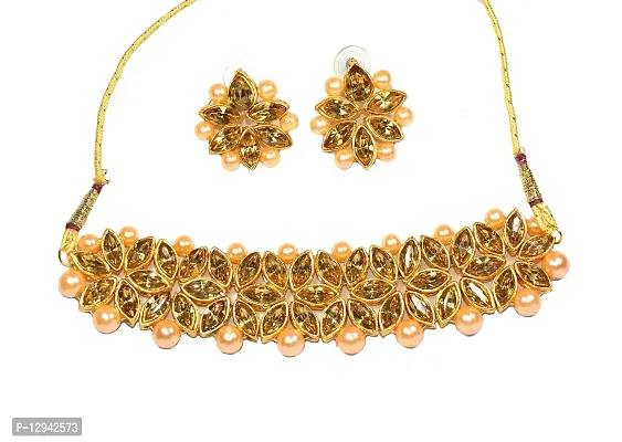 Frolics India Brass Golden Stones and Pearl Choker Set with Earrings and Mangtika for Women