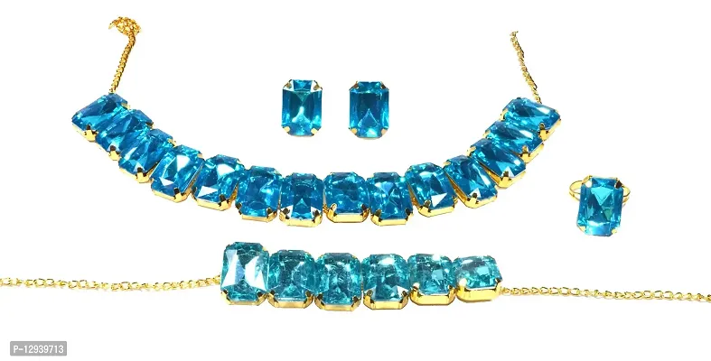 Frolics India Golden and Colored Stones Studded Combo of Choker Set with Earrings, Bracelet and Adjustable Ring for Women & Girls (Golden-Sky Blue)