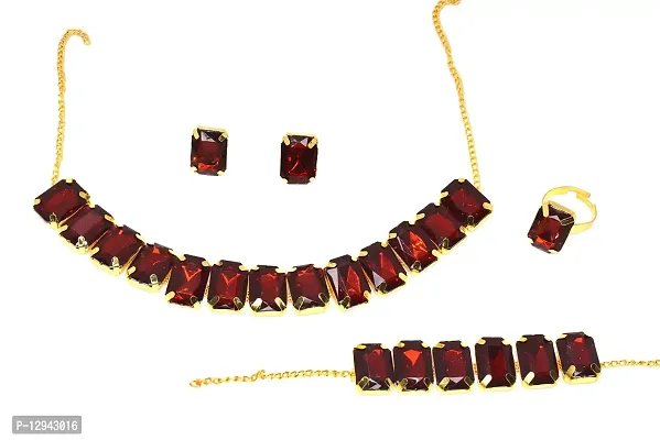 Frolics India Golden and Colored Stones Studded Combo of Choker Set with Earrings, Bracelet and Adjustable Ring for Women & Girls (Maroon)