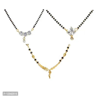 Frolics India Combo of 3 Golden and American Diamond Black Beads Chain Mangalsutra For Women