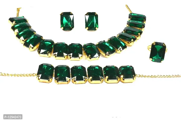 Frolics India Golden and Colored Stones Studded Combo of Choker Set with Earrings, Bracelet and Adjustable Ring for Women & Girls (Golden-Green)