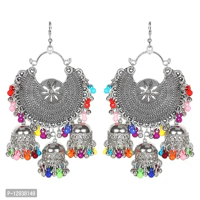 Frolics India Combo of Oxidised Jhumki and Thread Chandbali Earrings for Women (Silver)-thumb5