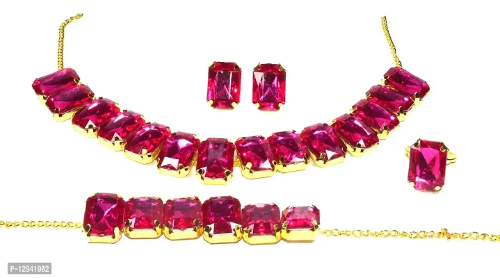 Frolics India Golden and Colored Stones Studded Combo of Choker Set with Earrings, Bracelet and Adjustable Ring for Women & Girls (Golden-Pink)