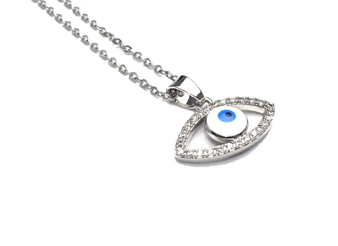 NITANT Premium CZ Stones Studded Evil Eye Necklace Pendent Chain (Silver) (Silver)