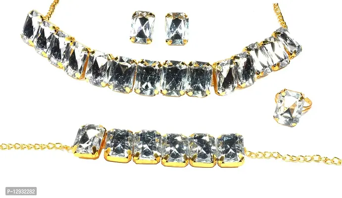 Frolics India Golden and Colored Stones Studded Combo of Choker Set with Earrings, Bracelet and Adjustable Ring for Women  Girls (Golden-White)