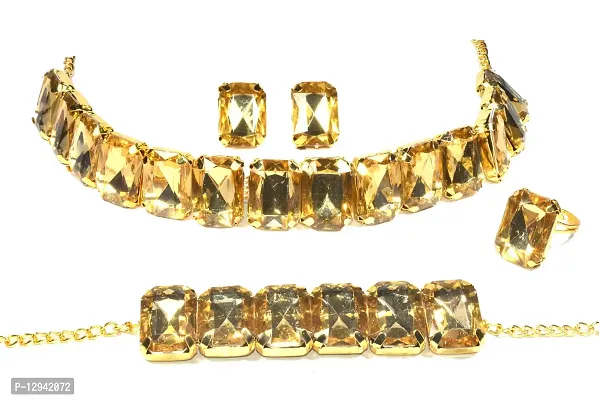 Frolics India Golden and Colored Stones Studded Combo of Choker Set with Earrings, Bracelet and Adjustable Ring for Women & Girls (Golden-Gold)