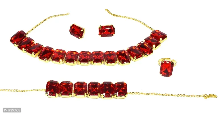 Frolics India Golden and Colored Stones Studded Choker Set with Earrings, Bracelet and Adjustable Ring (Gold-Red)