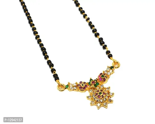 Frolics India Golden Ruby Green American Diamond Studded Short Black Beads Chain Mangalsutra For Women