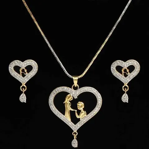 Couple Style AD Stones Studded Heart Pendent Set With Chain and Earrings.