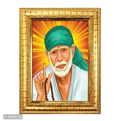 Hawai Sai Baba Designer Wall Hanging Engineered Wood Photo Frame for Worship Use 8.5x7inch SFDI269GLDFRM