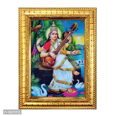 Hawai Maa Saraswati Designer Wall Hanging Engineered Wood Photo Frame for Worship Use 8.5x7inch SFDI270GLDFRM