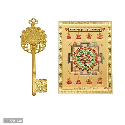 Hawai Small Pocket Size Gold Plated Ashta Laxmi Shree Yantra Poster Sticker with Kuber Kunji Key Combo Set for Worship Use SFDI11_207