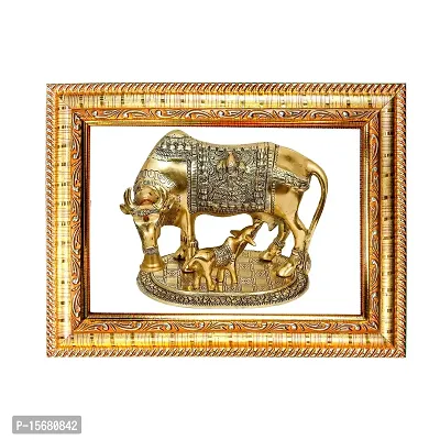 Hawai Feng Shui Mahavastu Remedies Wooden Framed Golden Kamdhenu Cow with Calf Photo for Home Office Business Place SFDI233GLDFRM