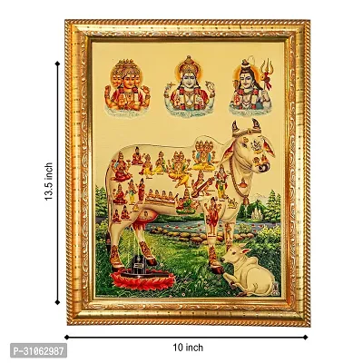 Hawai Kamdhenu Cow with Calf and All Hindu Gods Gold Plated Photo Frame 14 X 10 Inches-thumb2