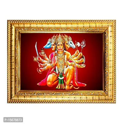 Hawai Pancha Mukhi Hanuman Designer Wall Hanging Engineered Wood Photo Frame for Worship Use 8.5x7inch SFDI273GLDFRM