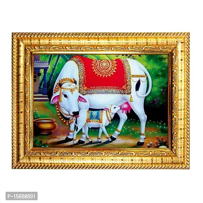 Hawai Kamdhenu Cow Designer Wall Hanging Engineered Wood Photo Frame for Worship Use 8.5x7inch SFDI289GLDFRM