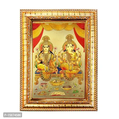 Hawai Ganesh Laxmi Gold Plated Photo with Wooden Wall Hanging Photo Frame for Worship Use SFDI160GLDFRM