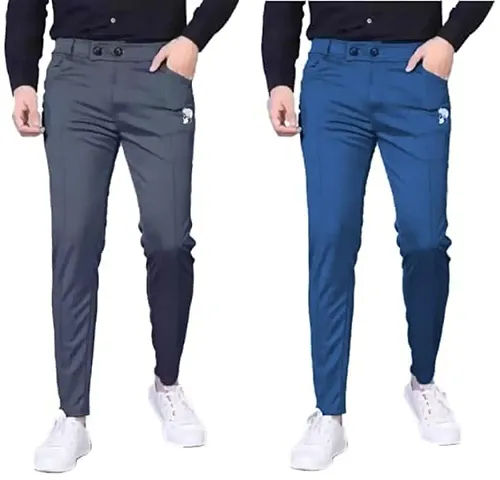 Stylish Multicoloured Cotton Blend Solid Regular Trousers For Men Pack Of 2