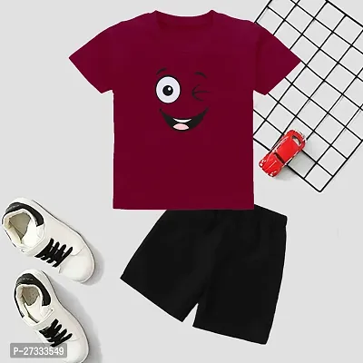 Stylish Maroon Cotton Blend Printed T-Shirt with Shorts For Boys-thumb0