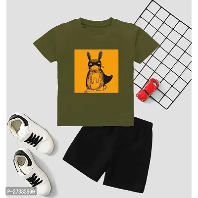 Stylish Olive Cotton Blend Printed T-Shirt with Shorts For Boys-thumb0