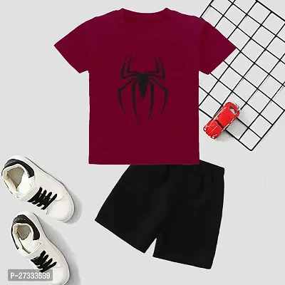 Stylish Maroon Cotton Blend Printed T-Shirt with Shorts For Boys
