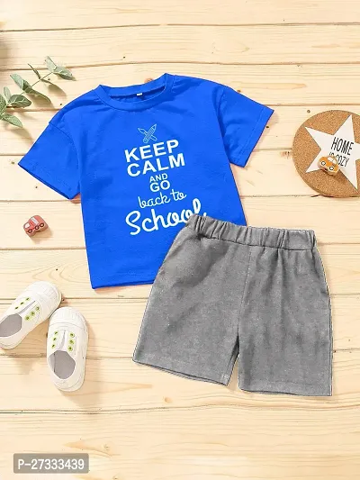 Stylish Blue Cotton Blend Printed T-Shirt with Shorts For Boys