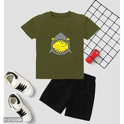 Stylish Olive Cotton Blend Printed T-Shirt with Shorts For Boys